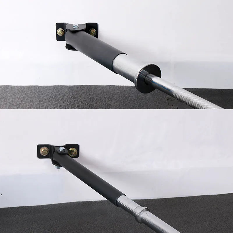 Steel wall-mounted barbell rack with 25 tubes for holding barbell bars.
