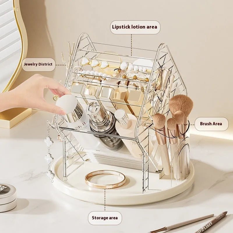 Rotating transparent cosmetics storage box with 360° rotation in light luxury style