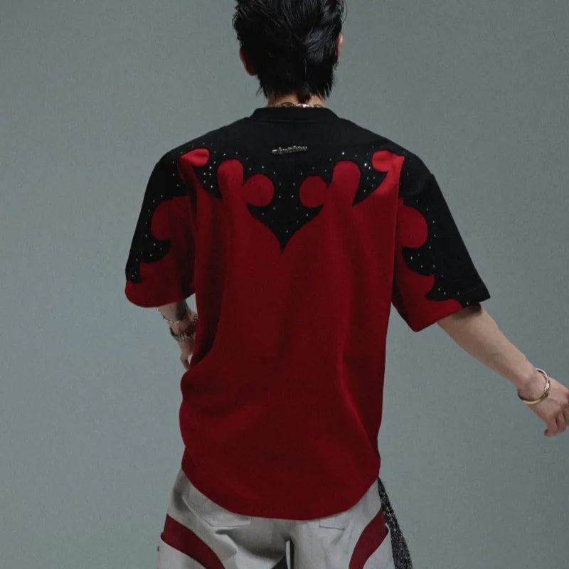Men's cotton short sleeve shirt with burnt flower pattern featuring three-dimensional stitching embroidery and rhinestone detailing
