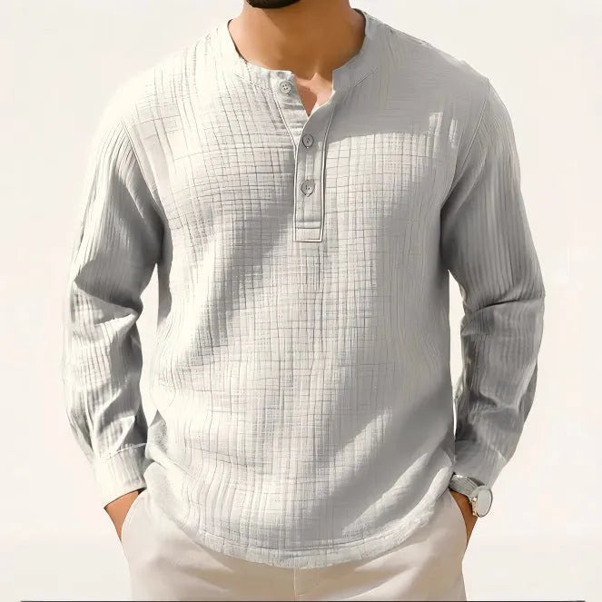 Slim fit cotton linen long sleeve pullover shirt with 3/4 sleeves in Army Green colour