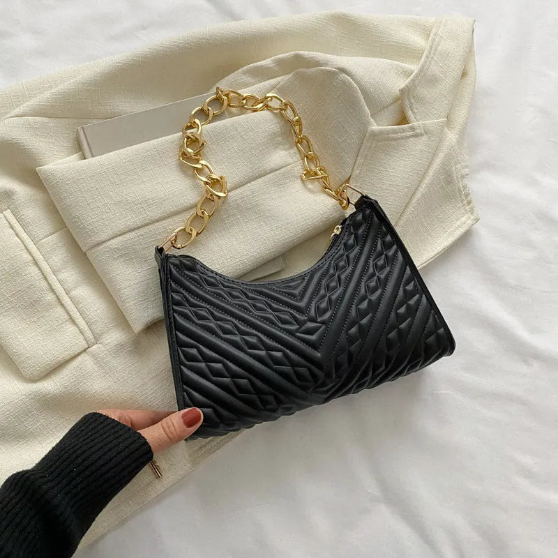 Brown PU pleated chain baguette shoulder bag showing vertical square shape with sewing line detailing