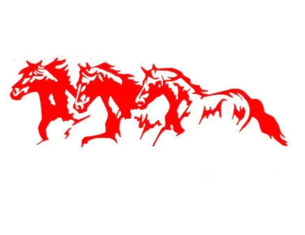 Three Horses steed design car sticker measuring 25 by 8 cm in black, white, red, and blue colour options.