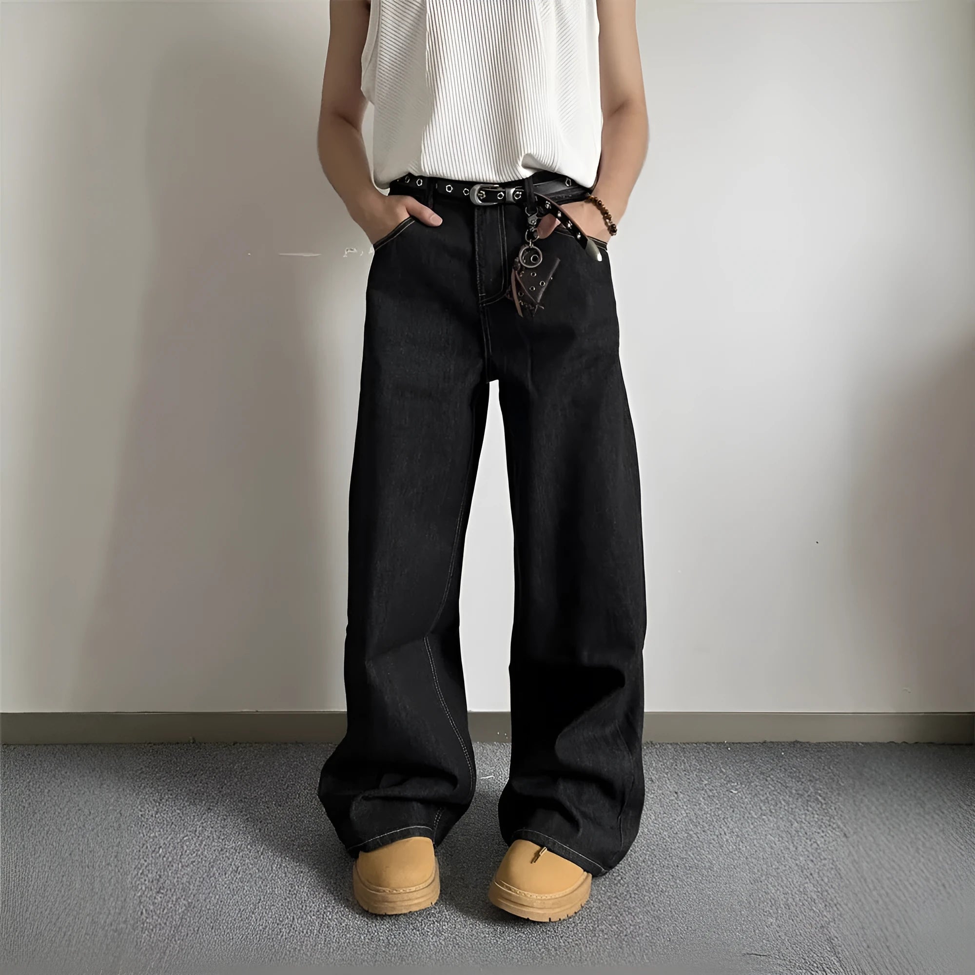 Black retro straight-leg jeans with loose wide-leg design and zip placket closure