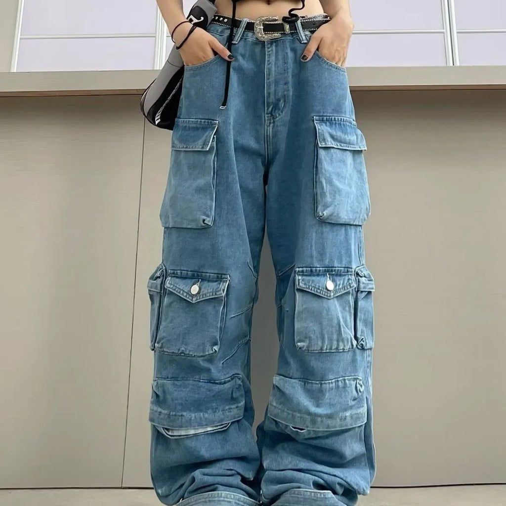 Women's tie-dyed high waist wide leg trousers with multiple pockets in blue denim fabric