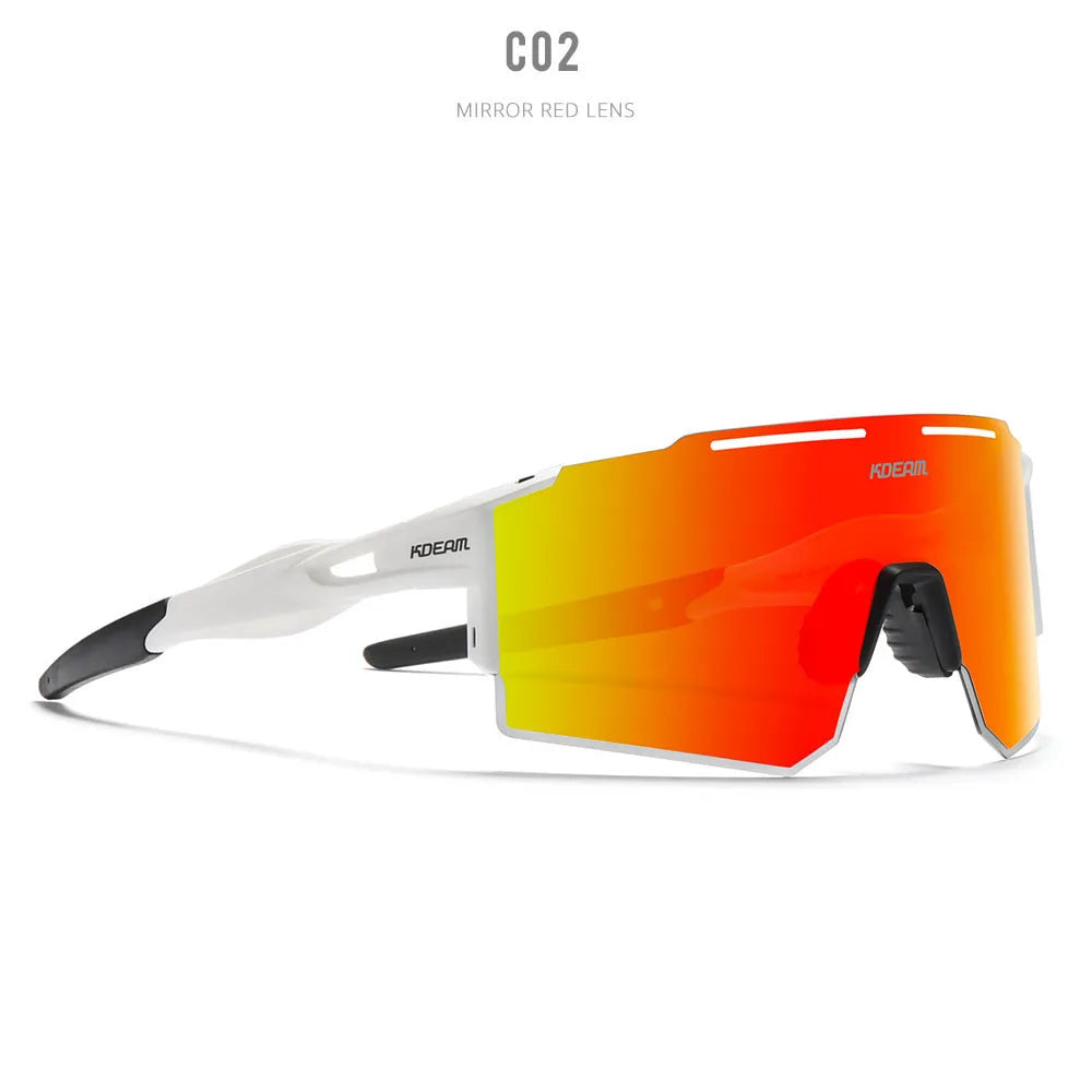 Polarised frameless sports sunglasses with a TR90 frame, shown in a colour option for cycling and athletic use.