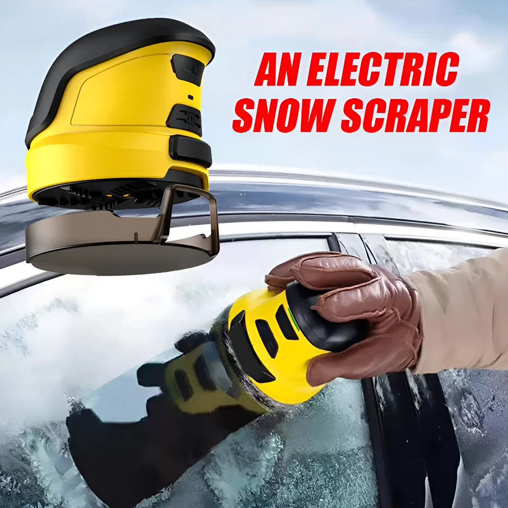 Yellow cordless electric snow scraper with USB charging cable for car windshield ice removal