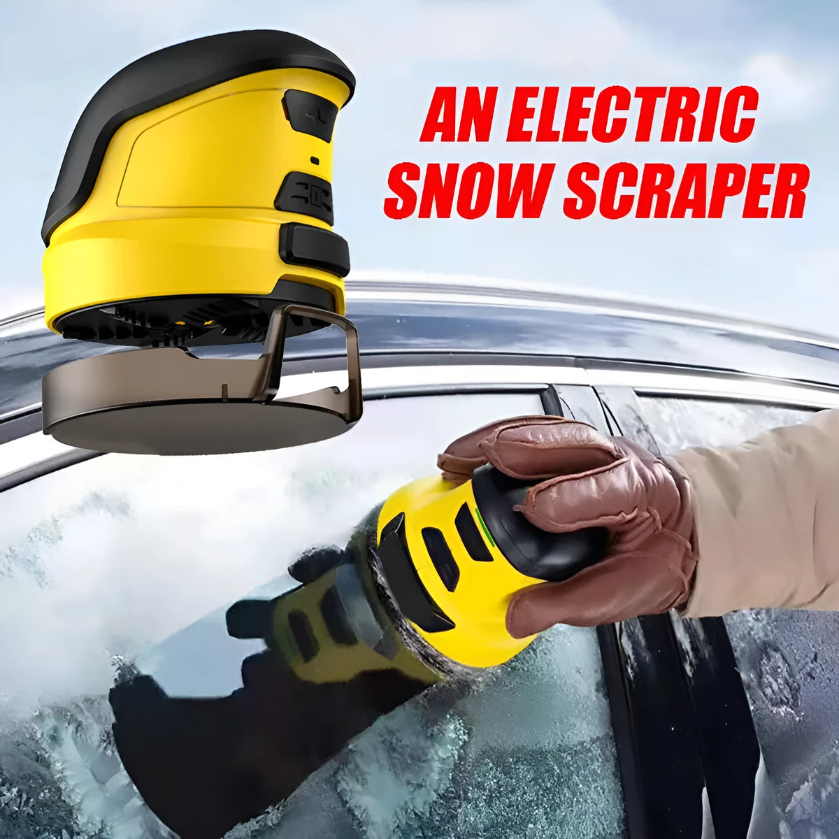 Yellow cordless electric snow scraper with USB charging cable for car windshield ice removal