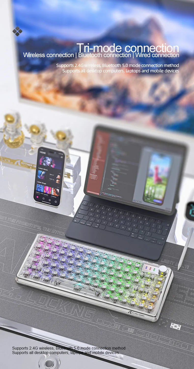 Attack Shark K75 RGB wireless mechanical keyboard with transparent PC case showing internal lighting
