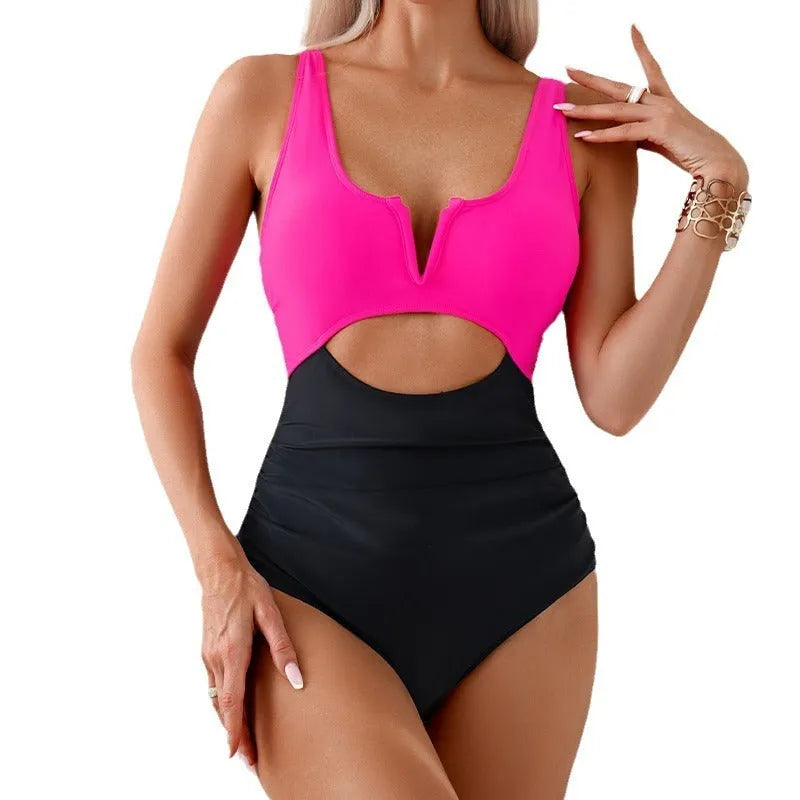 Women's one-piece swimsuit in a contrast colour design, shown in green, black, dark pink, or brown.