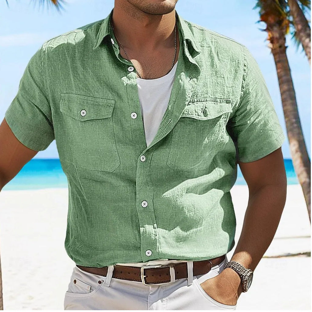 Men's loose-fit cotton cardigan shirt in a solid colour with polo collar and long sleeves.