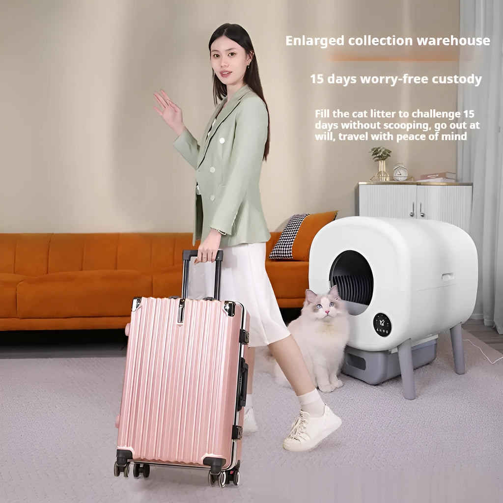 Automatic cat litter box with smart cleaning system, white ABS plastic housing