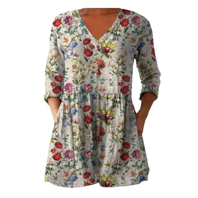Women's printed loose dress with wave pattern, wide waistband, and 3/4 sleeves in polyester fabric