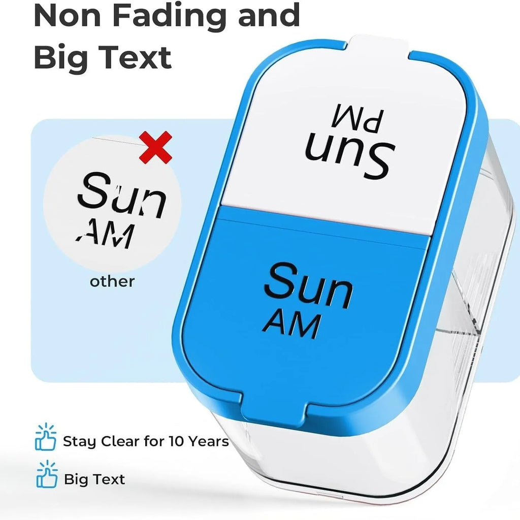 Extra large white plastic pill dispenser with 14 removable rainbow-coloured grid compartments open on a table.