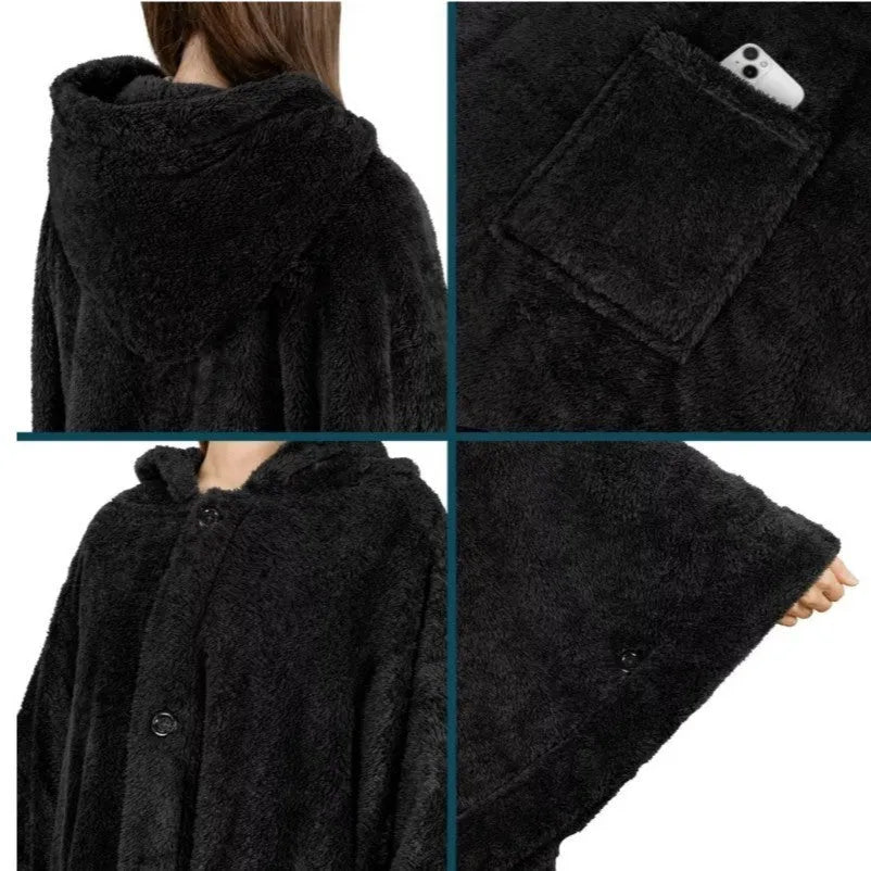 Thick pink hooded bathrobe with long sleeves and a cardigan front, shown on a hanger.