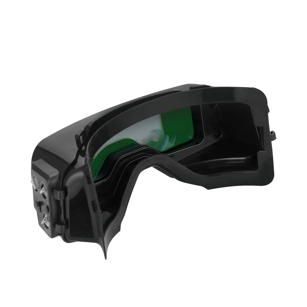 Black automatic darkening welding mask with large viewing window and dual arc sensors