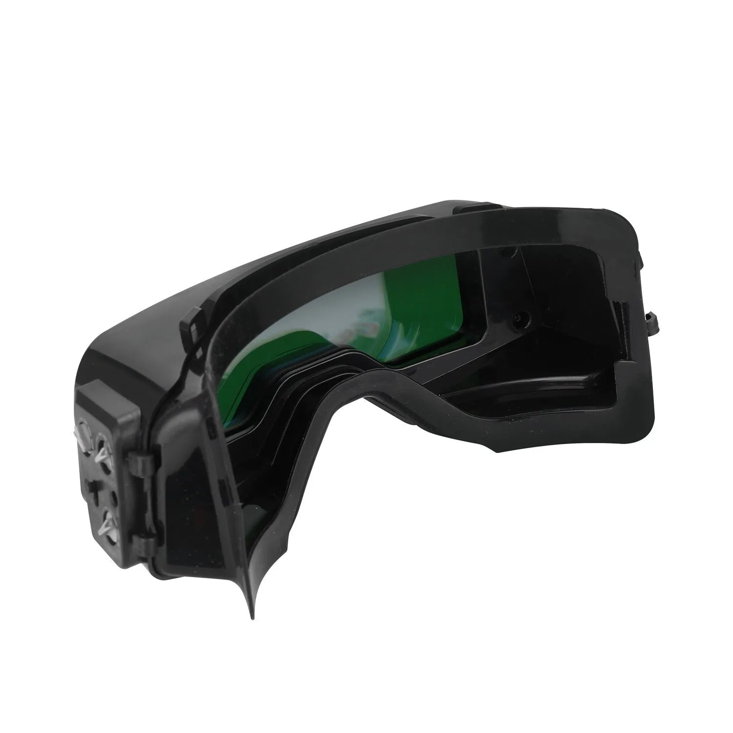 Black automatic darkening welding mask with large viewing window and dual arc sensors