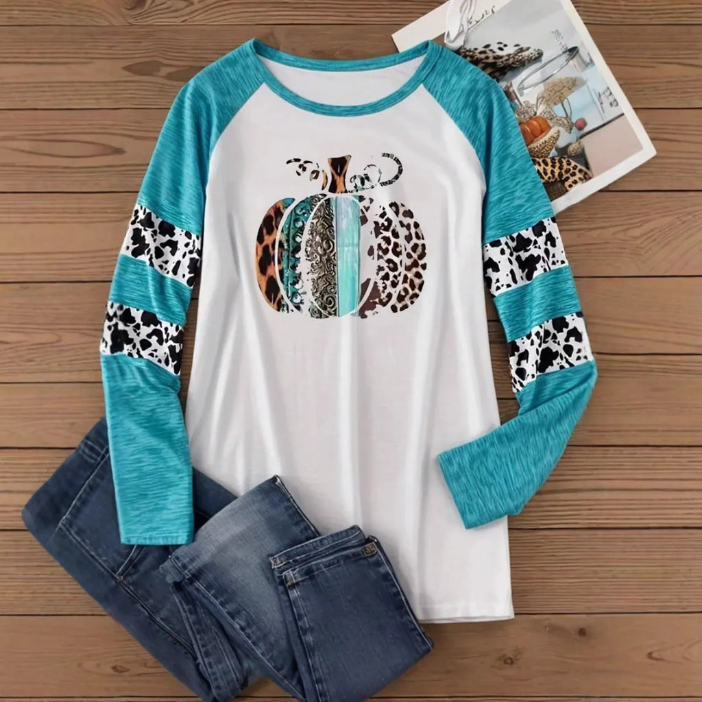 Sky blue polyester T-shirt with white 3D Halloween pumpkin print, long sleeve casual top