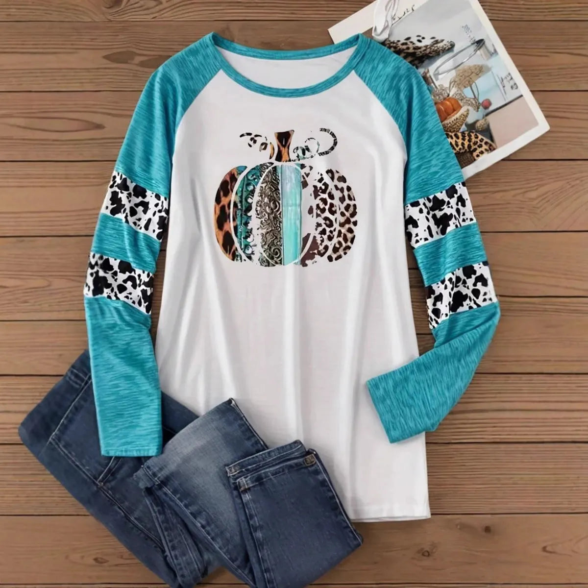 Sky blue polyester T-shirt with white 3D Halloween pumpkin print, long sleeve casual top