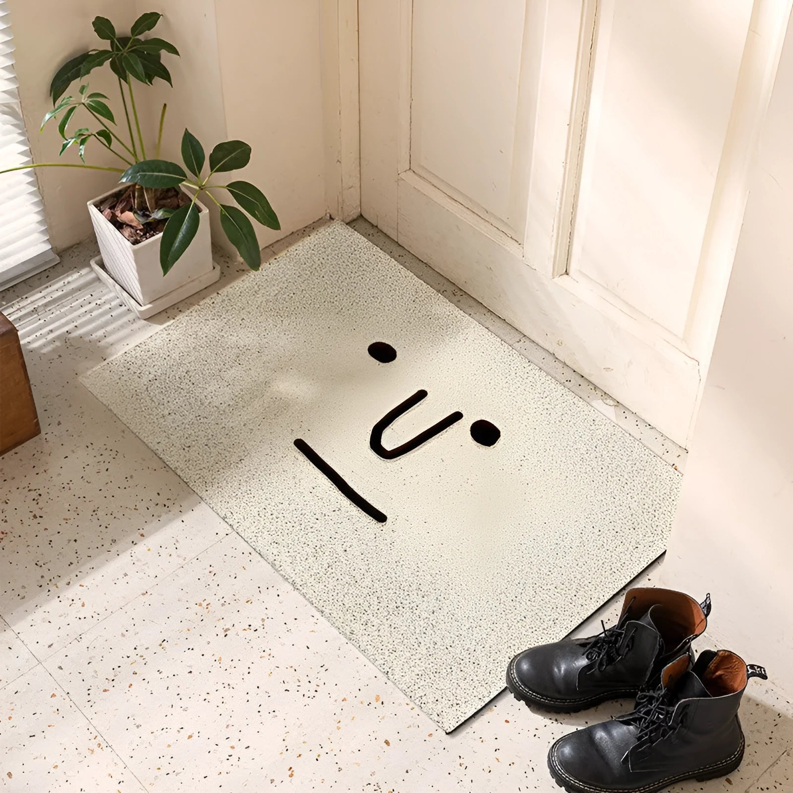 Square cartoon facial expression PVC floor mat with Mr Big Nose geometric pattern design