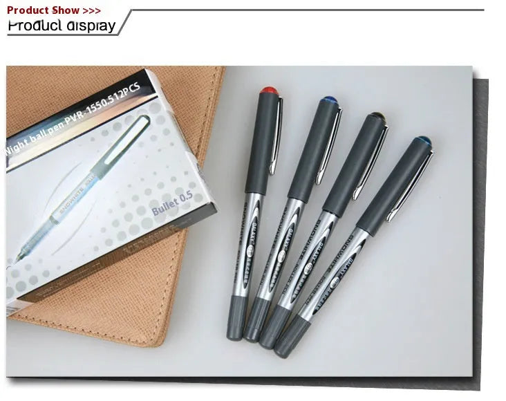 A box containing 12 plastic quick-drying signature pens with 0.5mm tips in black, blue, red, and ink blue.