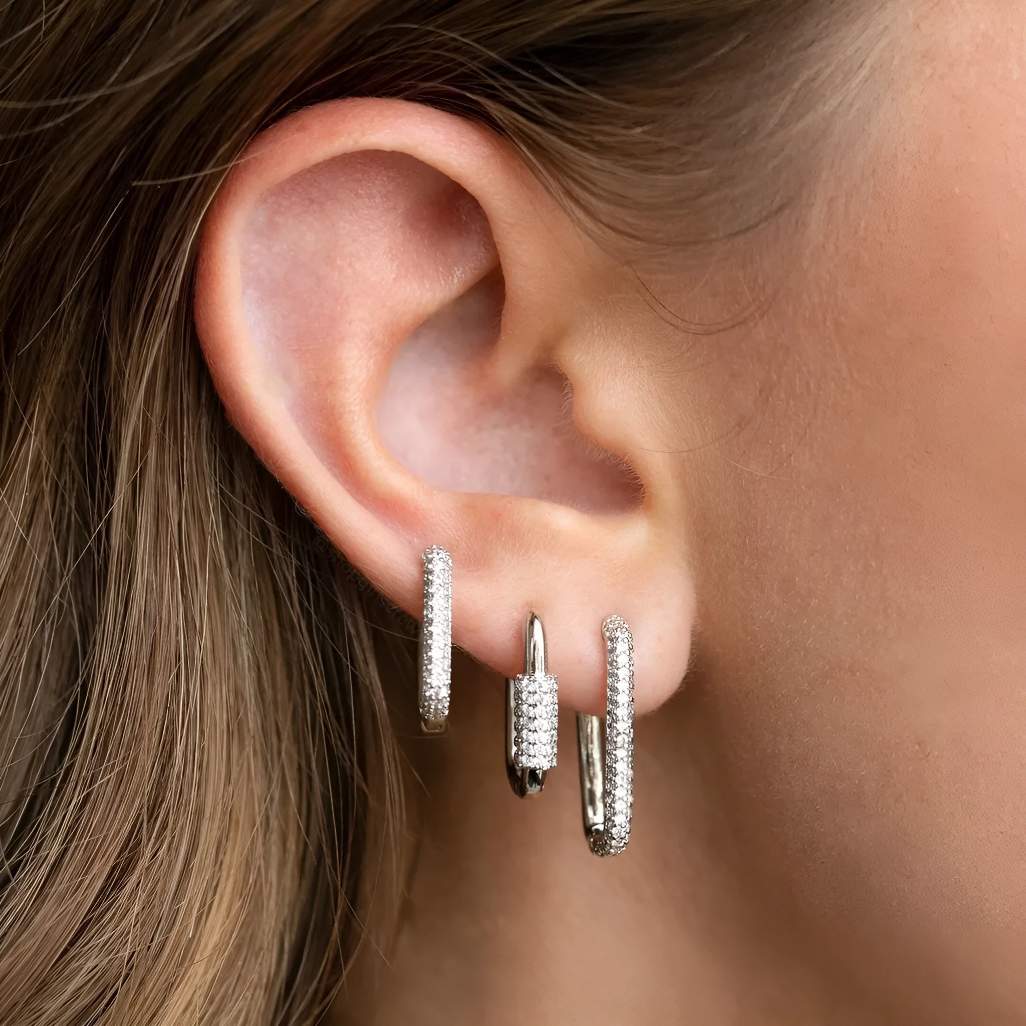 Set of three geometric ear clips with zircon inlay on copper in gold or white colours