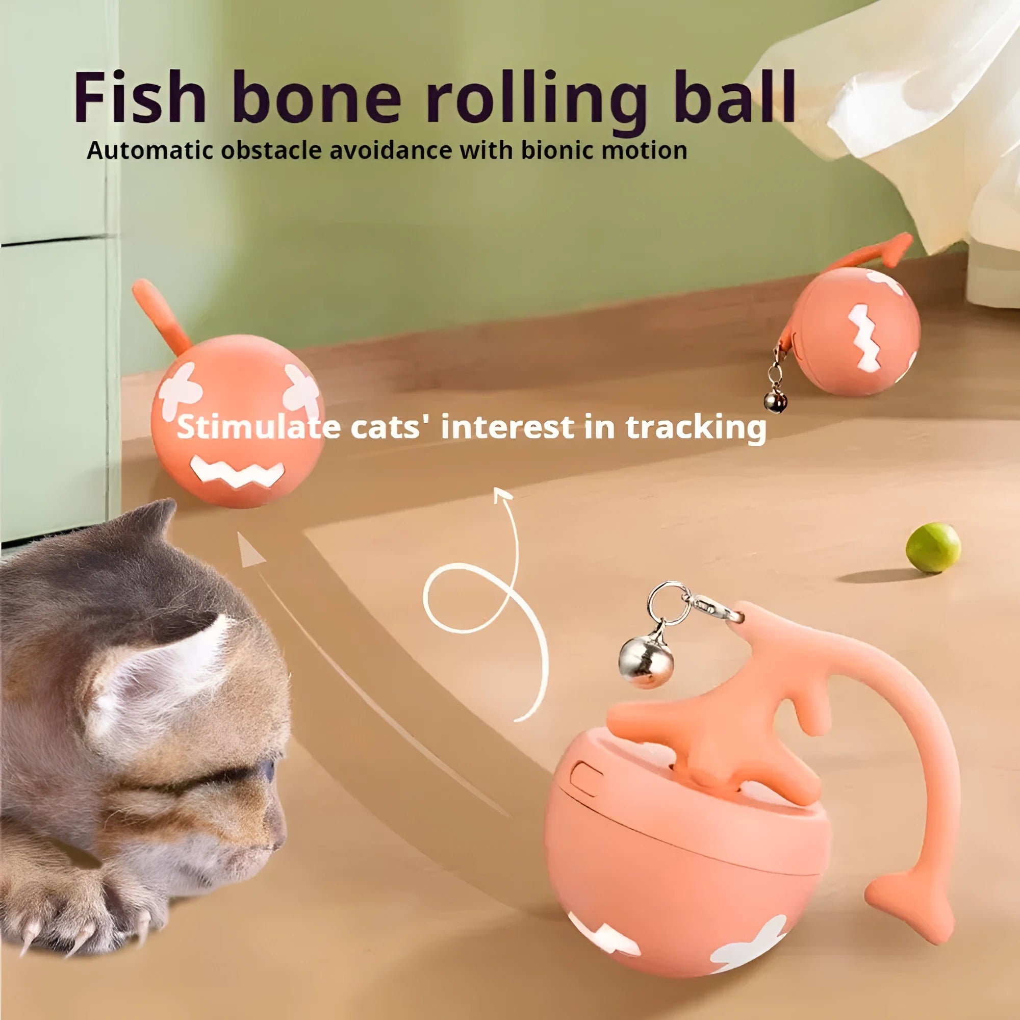 USB electric cat teasing ball with fish bone design and removable feather stick in blue, pink or yellow colours
