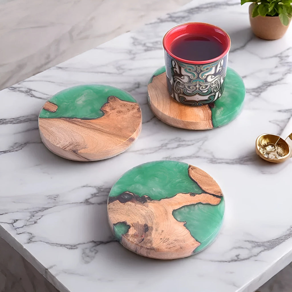 Wooden Kung Fu tea coaster in green solid colour with heat insulation resin