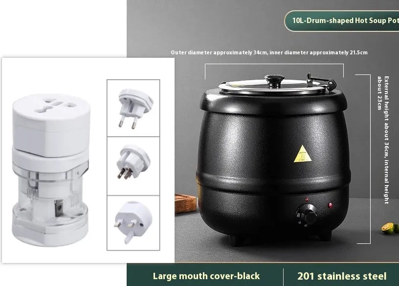 Black stainless steel insulated electric soup pot with large steel cover, 10-litre capacity