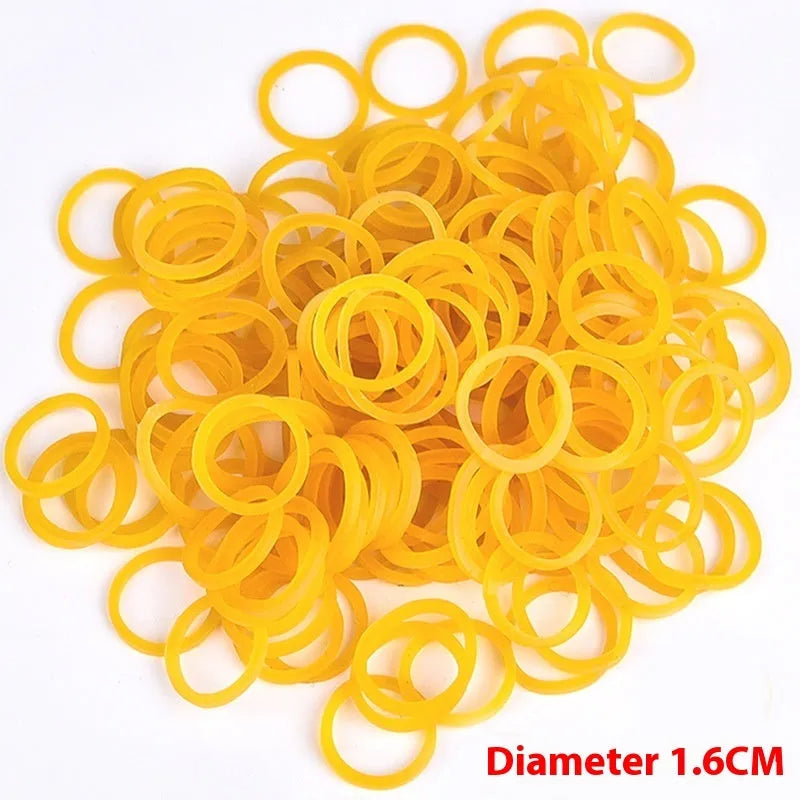 Yellow rubber bands multipack showing assorted sizes from 16mm to 70mm diameter