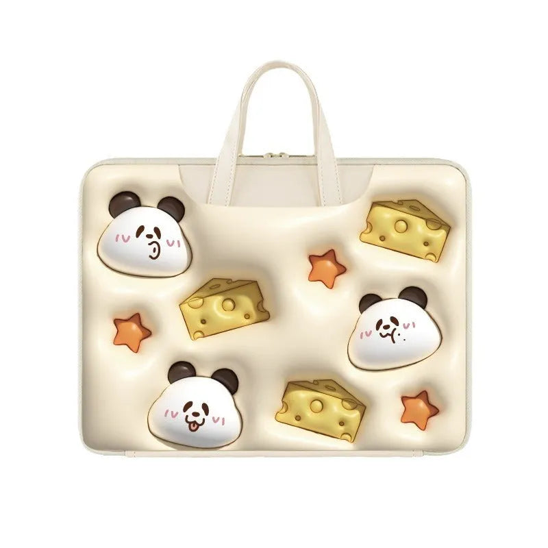 Inflatable laptop bag showing luggage attachment feature and available in multiple colour patterns