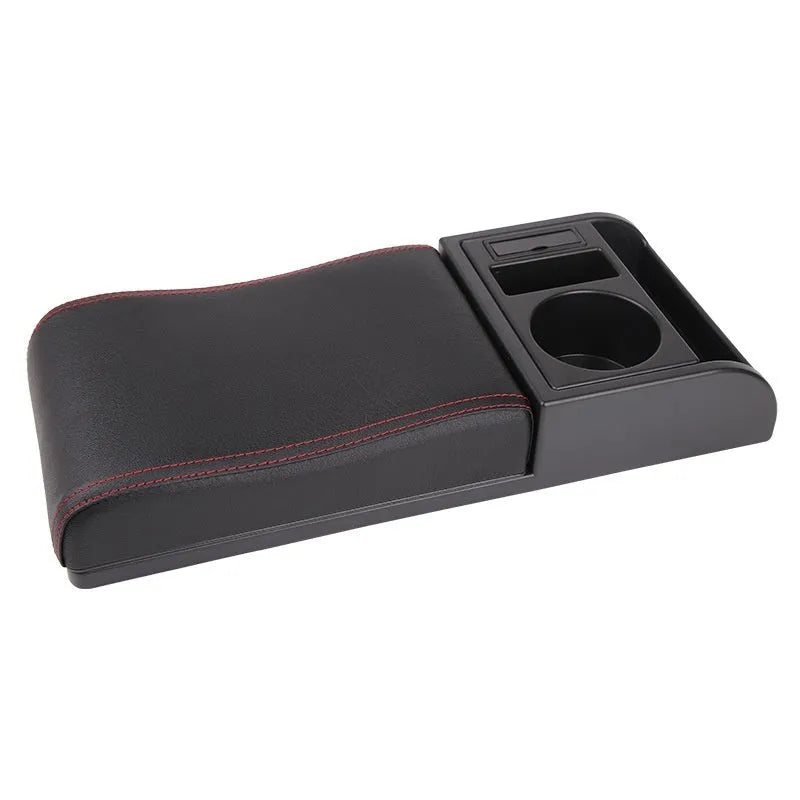 Universal plastic car armrest cover showing black PU leather and carbon fibre pattern options with red cord detailing