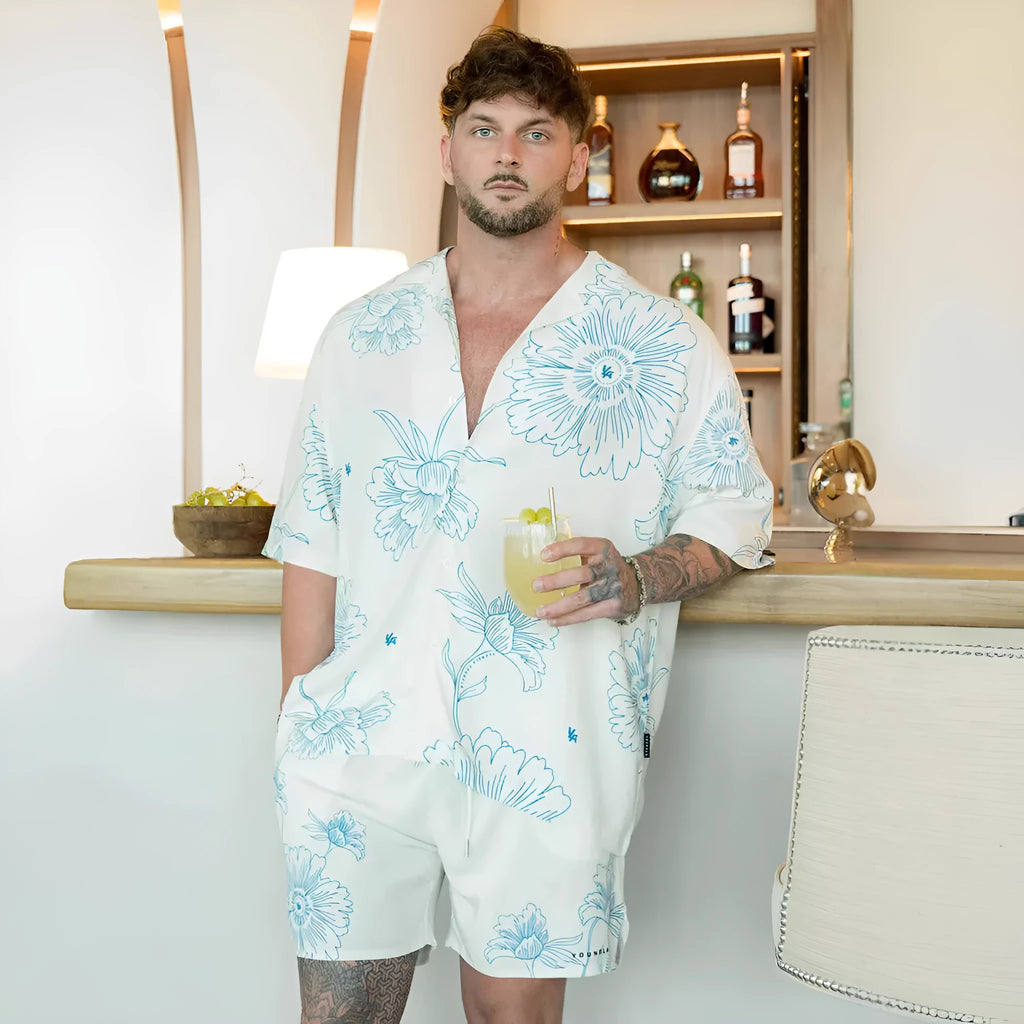 Men's loose fit short sleeve cardigan with printed floral pattern in beige colour