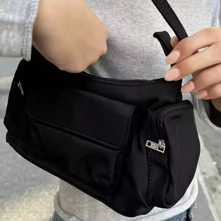 Black lightweight PU women's shoulder bag with double pockets and side-line detailing