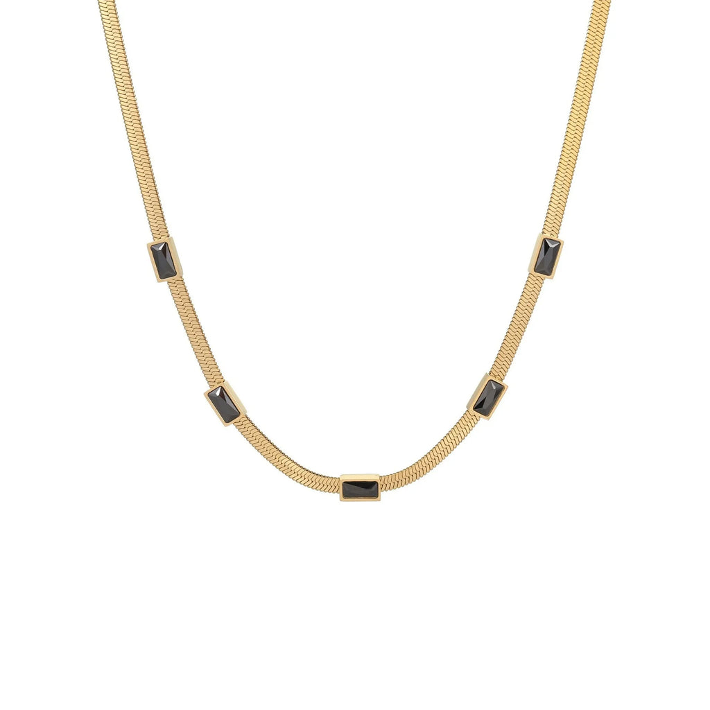 Stainless steel geometric square zircon necklace on a flat snake chain in gold or steel colour.