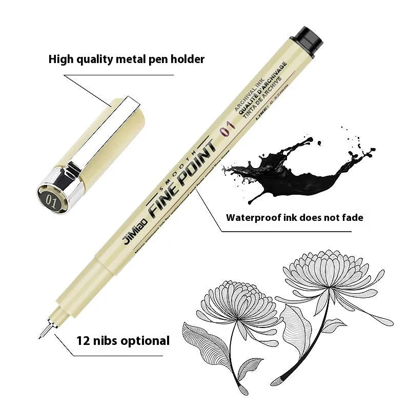 Cartoon sketch needle drawing pen with hand-drawn syringe design, black refill, 133mm plastic body