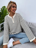 Women's black striped loose long sleeve viscose top with drop-shoulder design