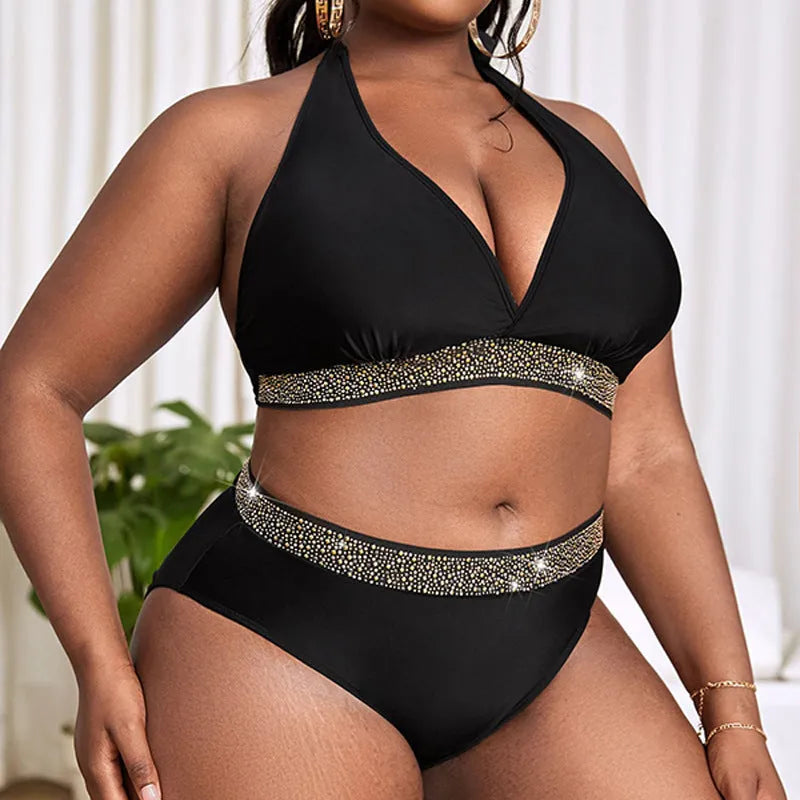 Black plus size women's bikini set with matching bra and shorts for swimming