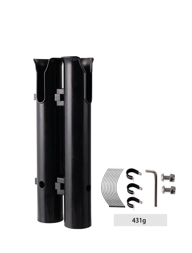 Carbon fibre motorcycle fishing rod rack with double-layer plastic frame and pipe clamp mounting system