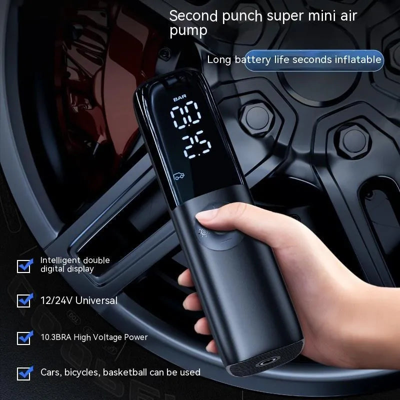 Black portable electric vehicle air pump with integrated tyre pressure gauge and ABS inflation tube