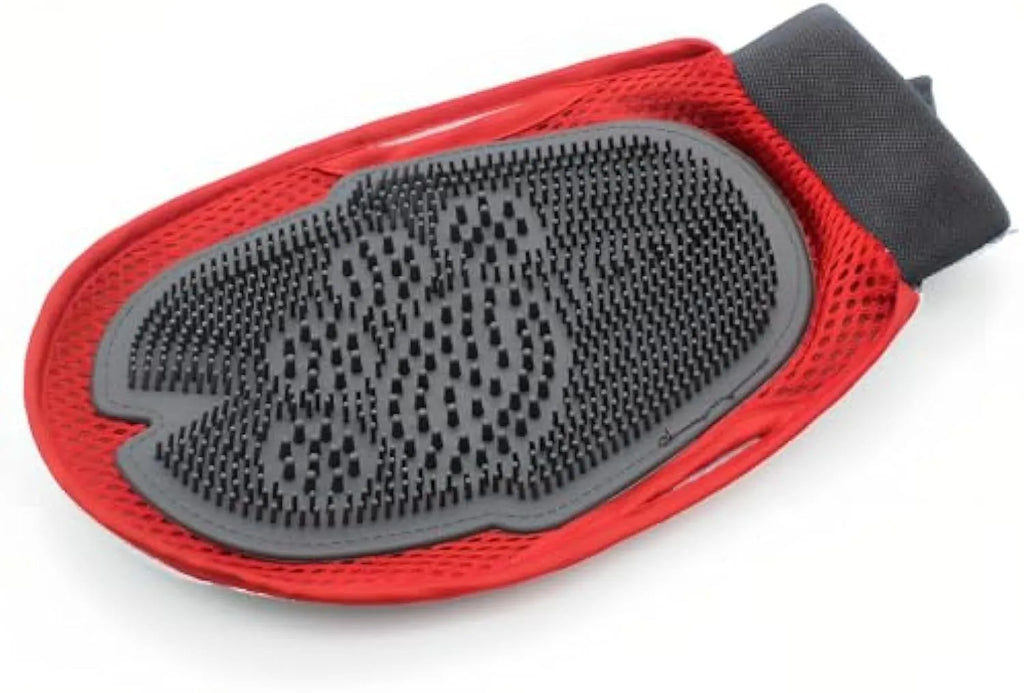 Red pet bathing glove with silicone massage nubs and adjustable elastic cuff for dog and cat grooming