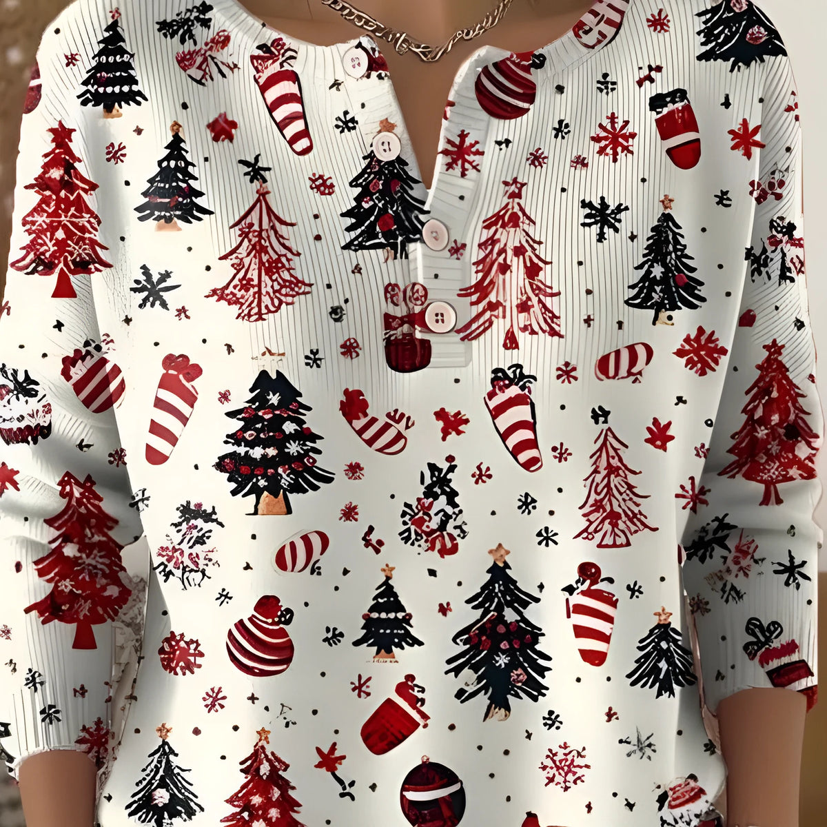Retro Christmas 3D digital printing T-shirt with four-button stand collar and pullover style, polyester, 50cm length.