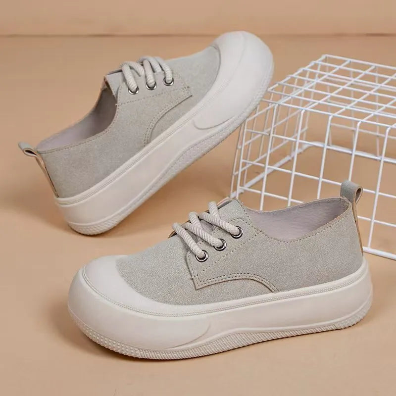 Women's suede platform loafers with 4cm height increase, round toe, and front lace-up design in beige, black, and camel.