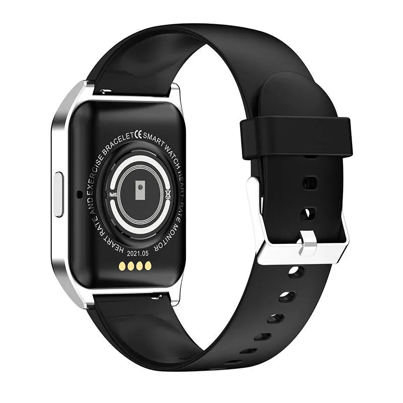 Black smart watch with 1.69-inch screen showing heart rate display on silicone wristband
