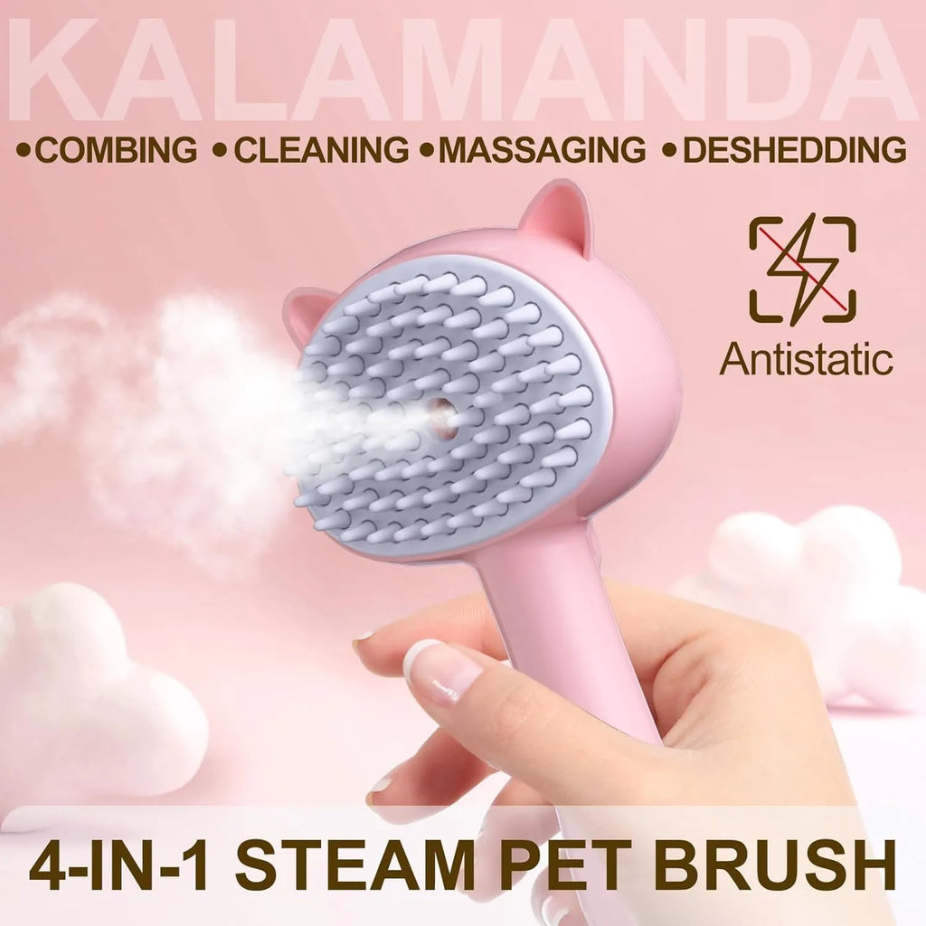 Blue cat steam brush with ergonomic handle and soft rubber bristles for pet grooming