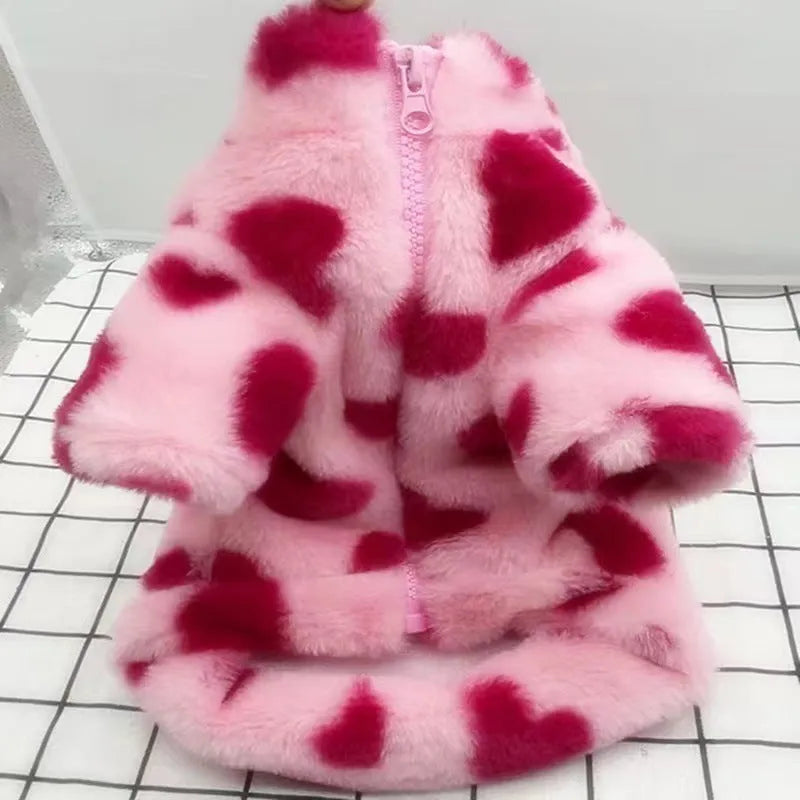 Plush polyester dog coat for small breeds in pink and brown colour options showing British style design