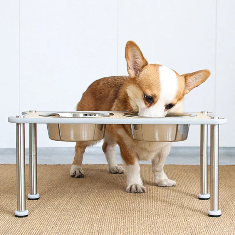 Adjustable height stainless steel dog food bowl rack with two bowls, available in black or silver