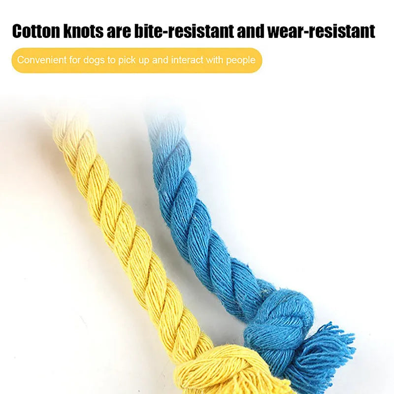 Blue and yellow cartoon football dog chew toy made from cotton rope