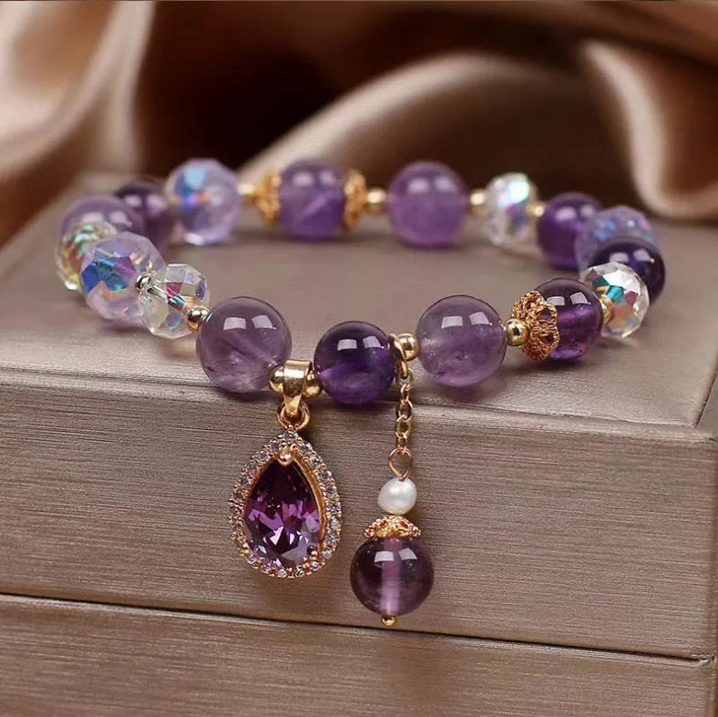 Natural purple amethyst crystal bracelet for women with micro inlay stone setting