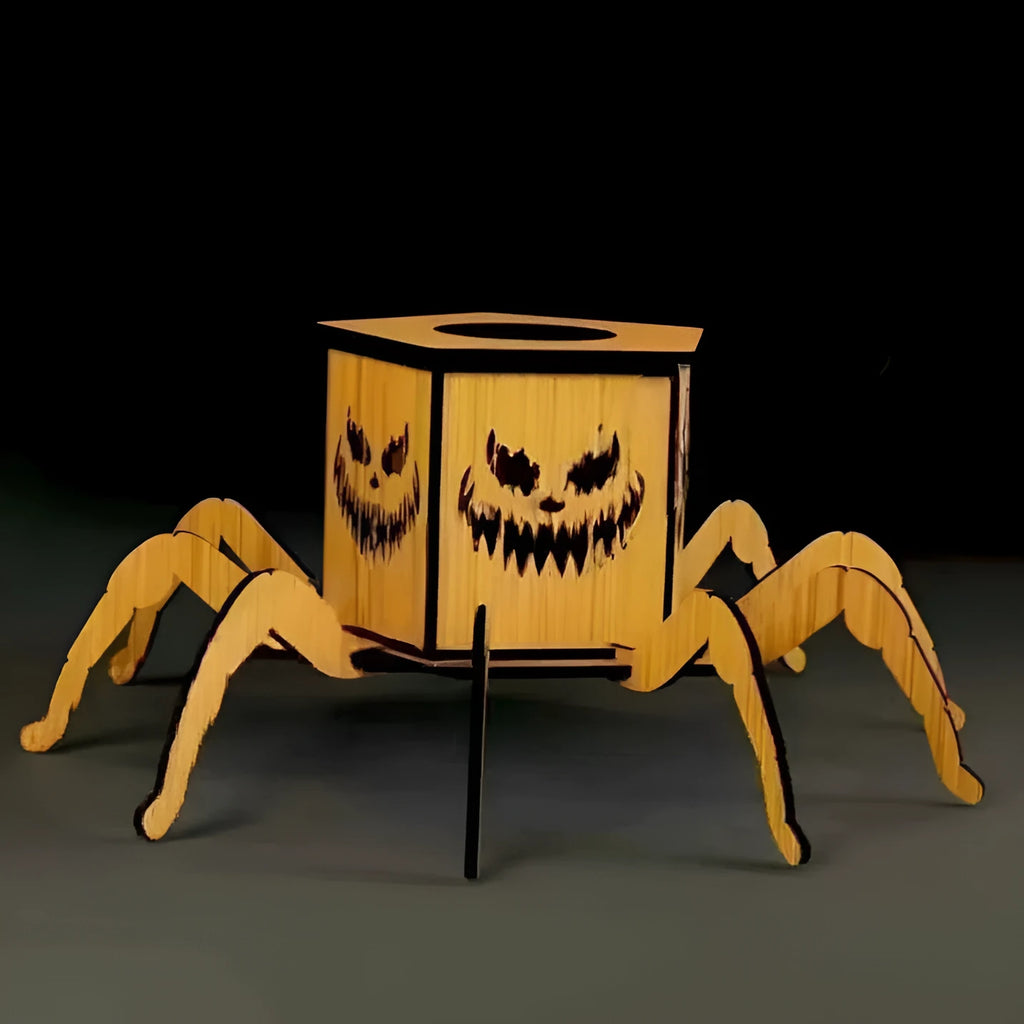 Wooden spider-themed lantern candlestick decoration for Halloween and gothic home decor