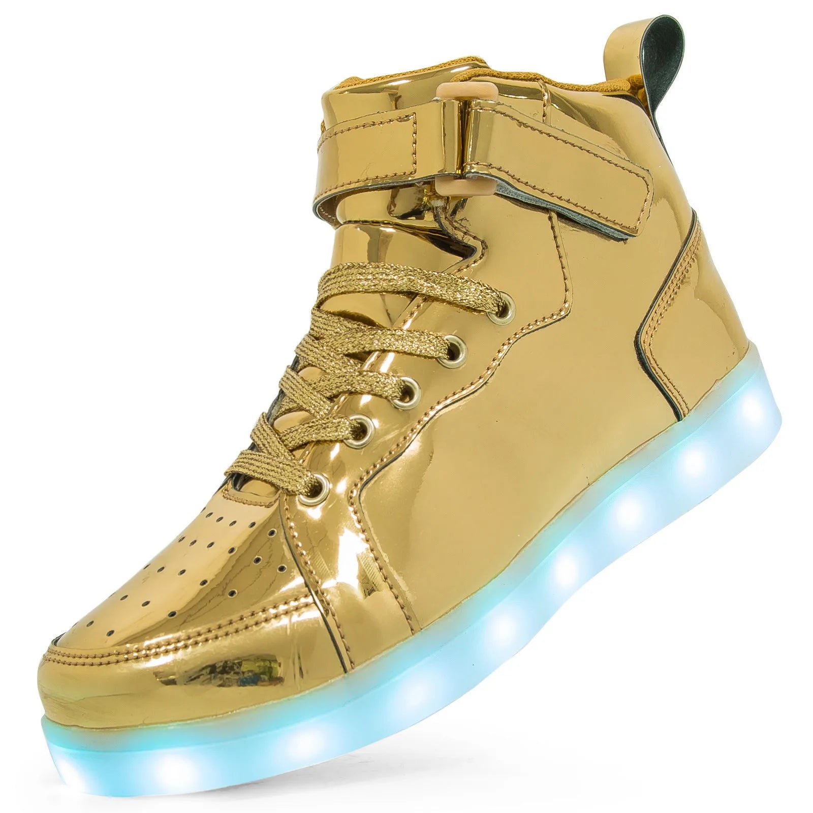 A pair of black high-top LED light-up board shoes with a Velcro strap, showing the illuminated soles.
